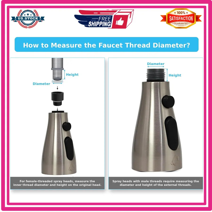Kitchen Faucet Pull Down Replacement Sprayer 3 Function Brushed Nickel 15 Ada...