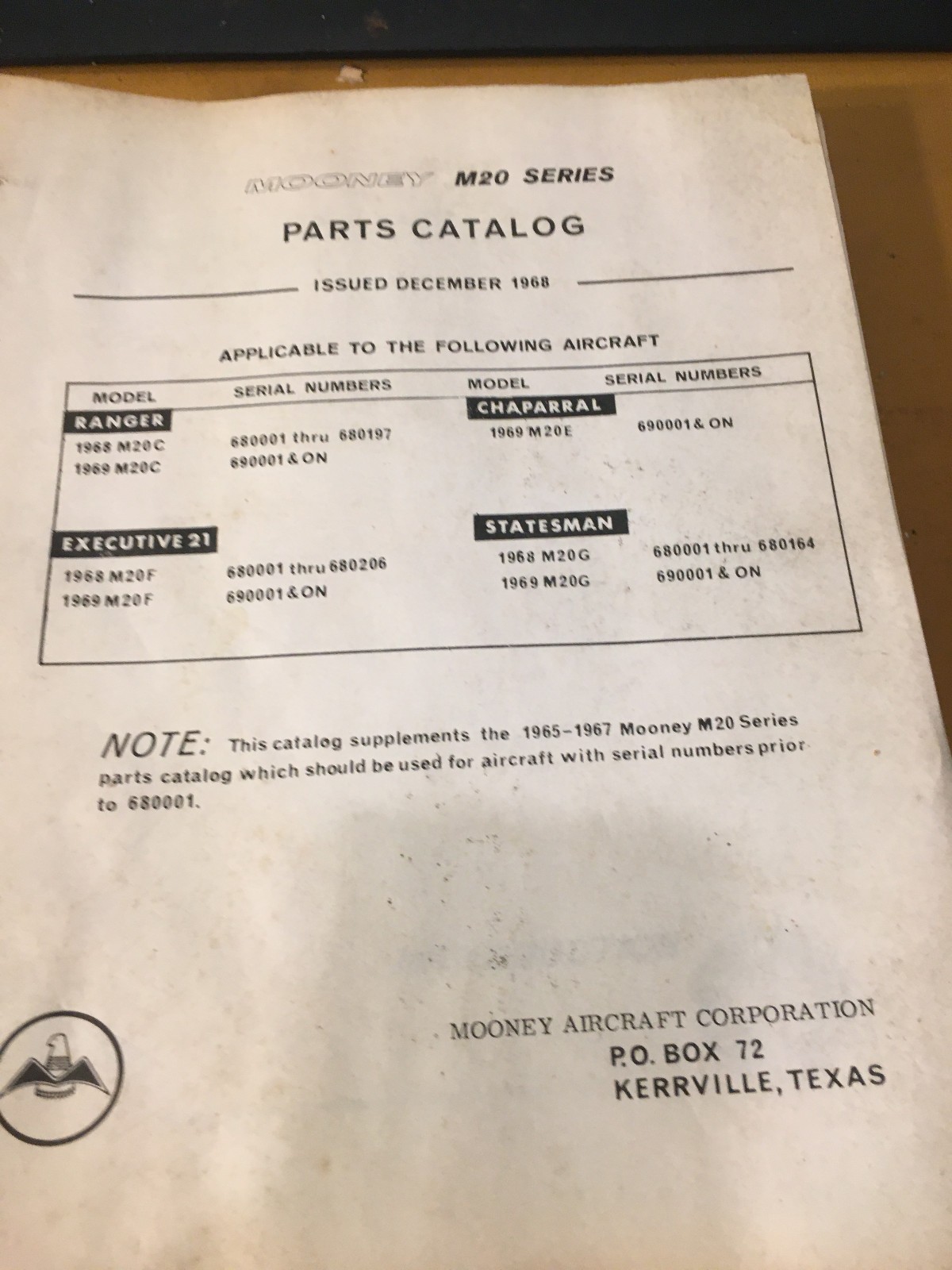 1968 - 1969 Mooney M20C, M20E, M20F, M20G Parts Manual