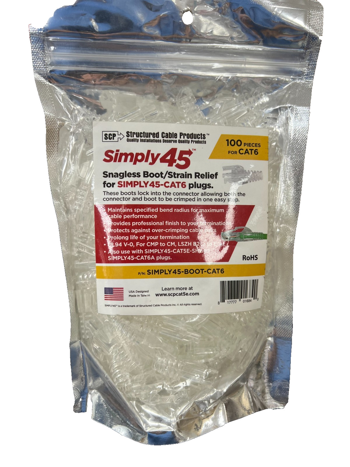 Snagless Boot, Strain Reliefs for all Simply 45 - Cat6/6a UTP  Plugs- 100pc Bag