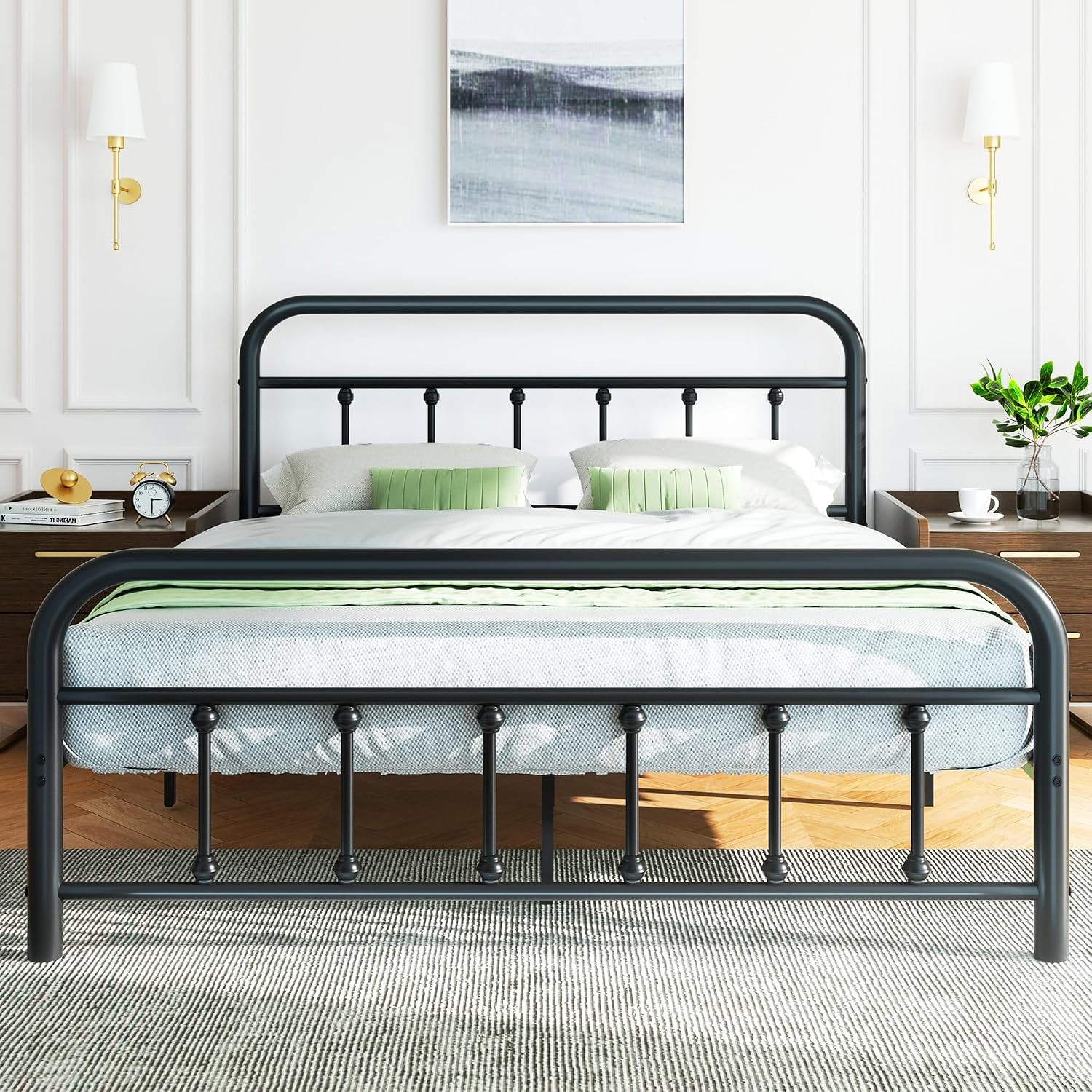 Queen Size Metal Platform Bed Frame with Headboard & Footboard Steel Slat