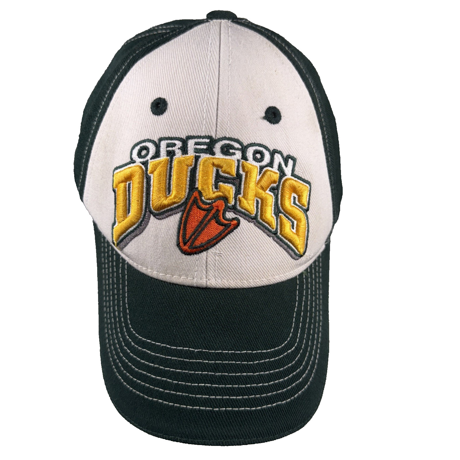 Oregon Ducks White Gold  Letters Orange Logo White Front Green Hat Cap 35% Wool