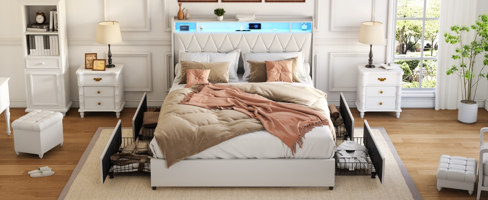 Full Bed Frame - Ergonomic Headboard, Outlets, LED, Storage (Noise-Free)
