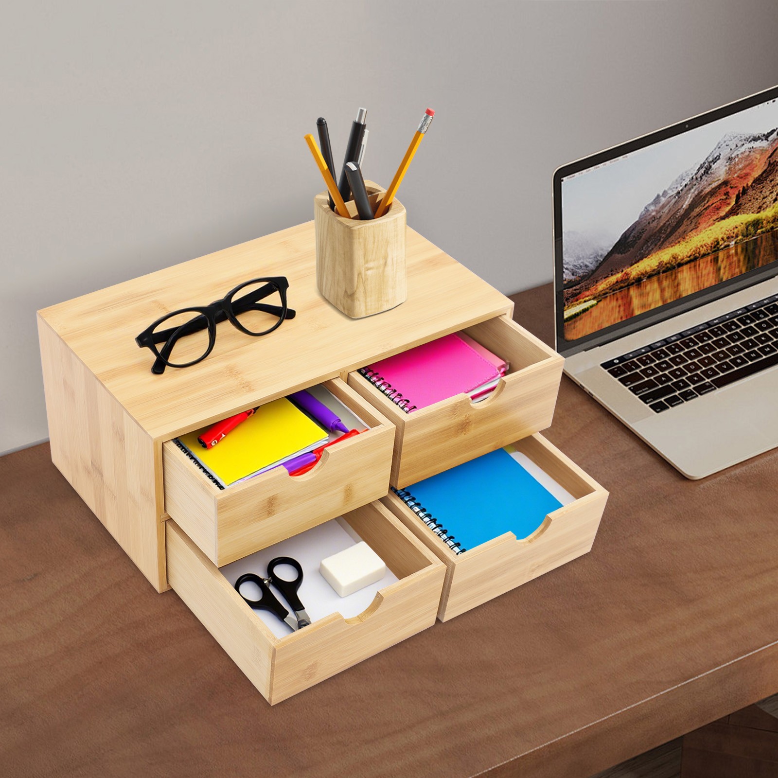 Bamboo Desk Organizer with 4 Drawers, Office Tabletop Storage Organization Box