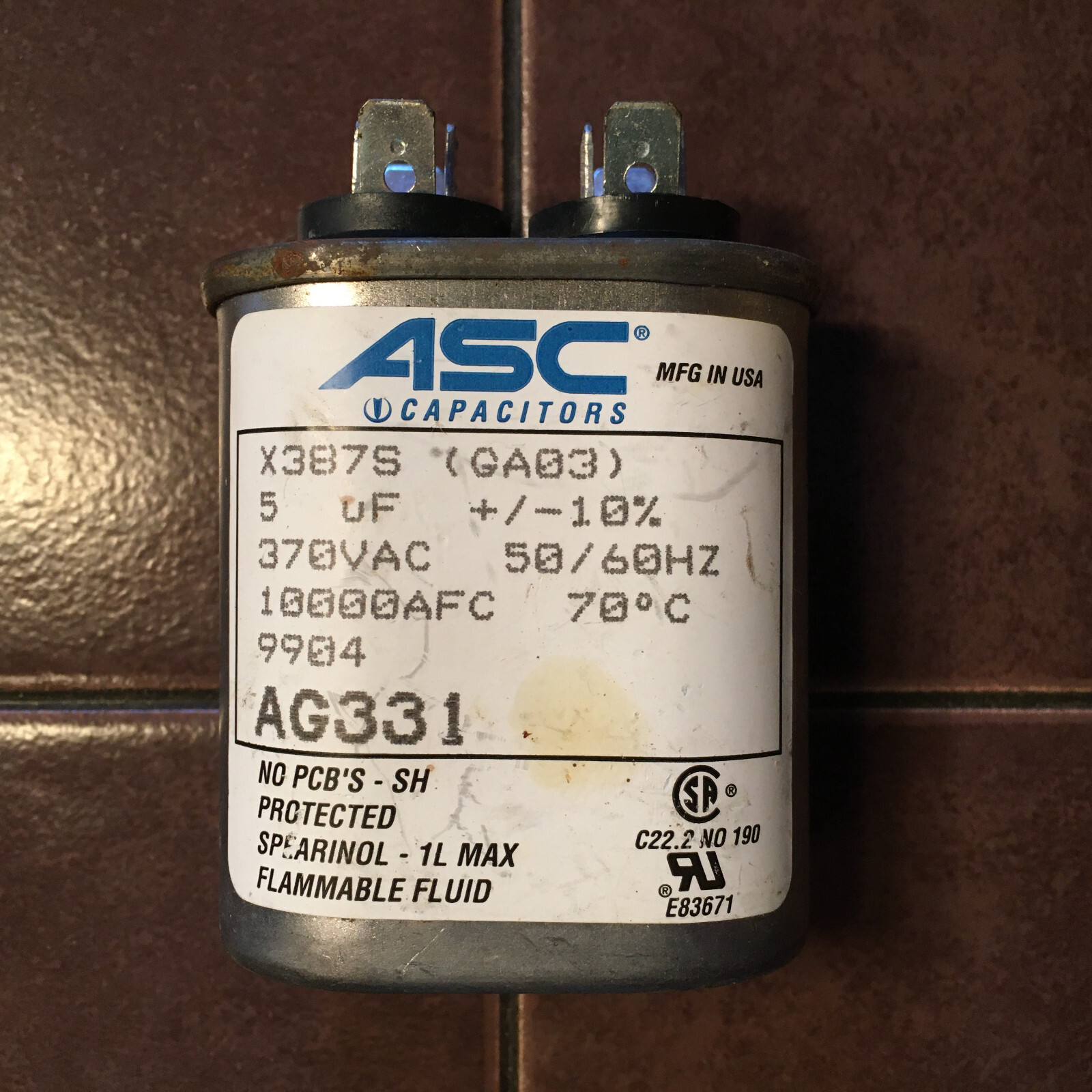 ASC X387S, 5UF, 370VAC Capacitor.