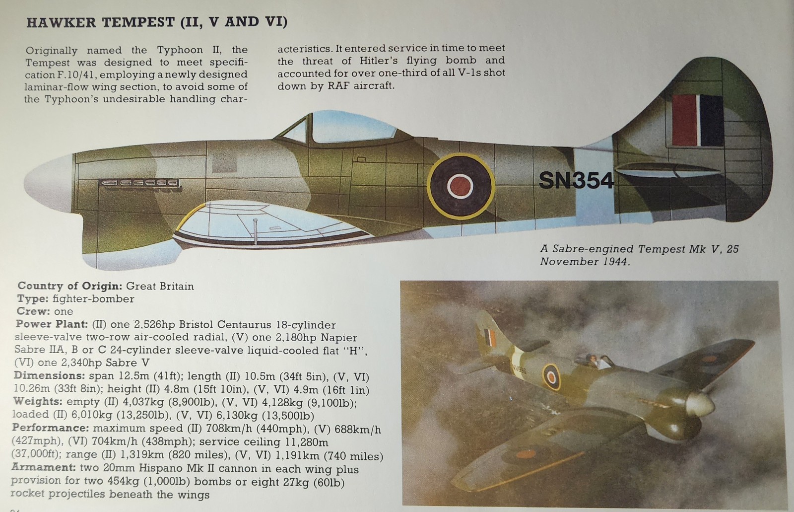 Hawker Tempest Picture Out of Print Aviation Vtg Info Sheet Decor Article