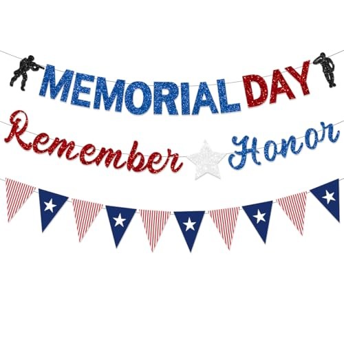 Pre-Strung Memorial Days Banner Decorations Glitter Blue Red Sliver Remember