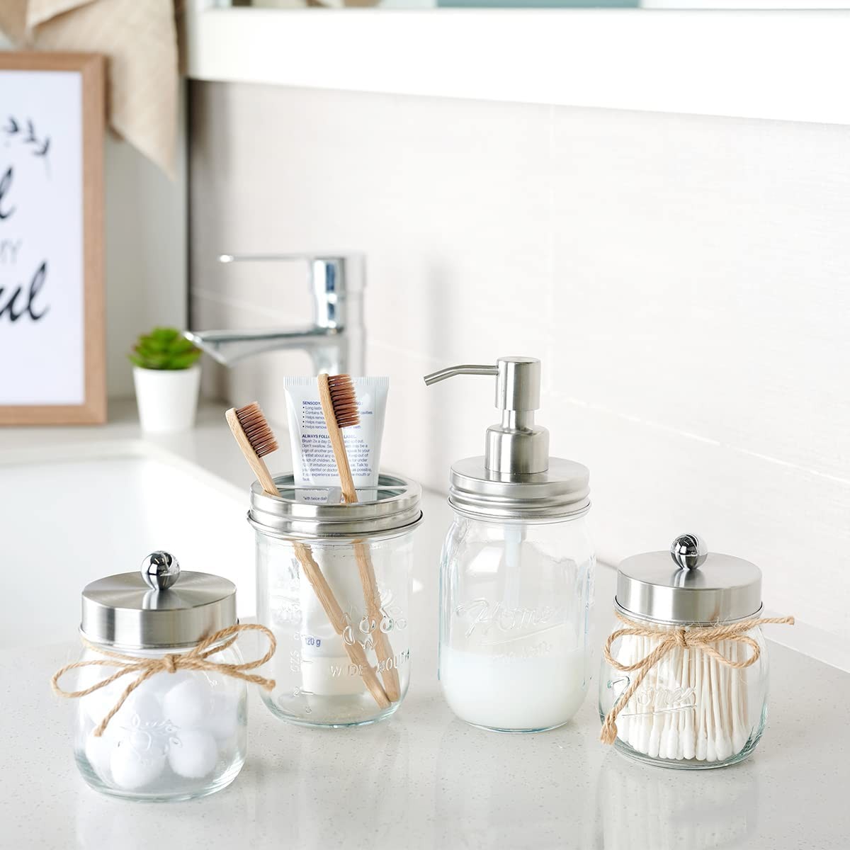 Mason Jar Bathroom Accessories Set(4 Pcs) -Lotion Soap Dispenser & 2 Qtip Hol...