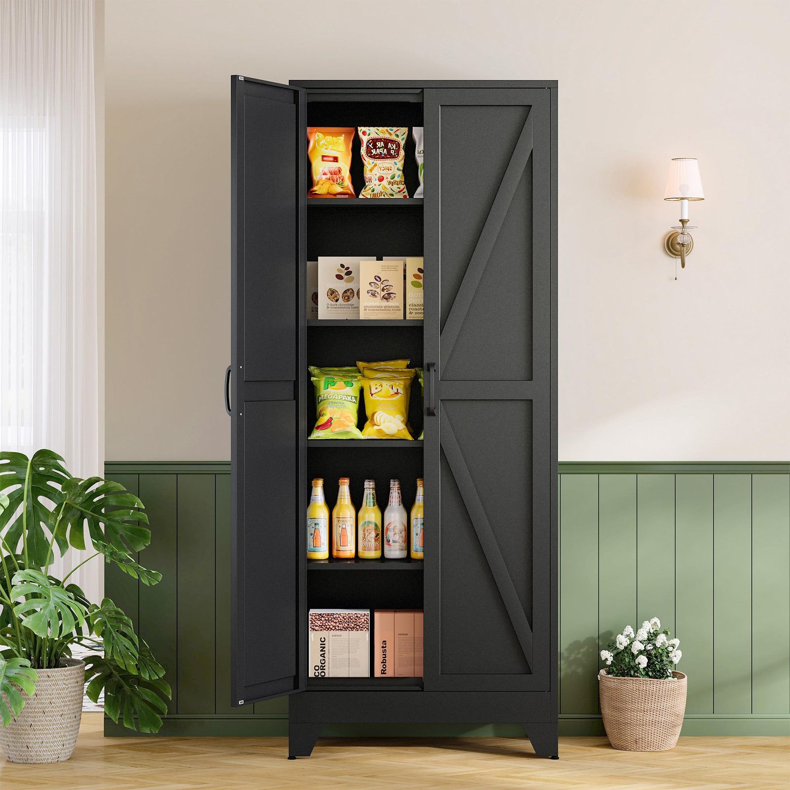Farmhouse 72 H Metal Pantry Cabinet with Barn Doors Adjustable Shelves Black