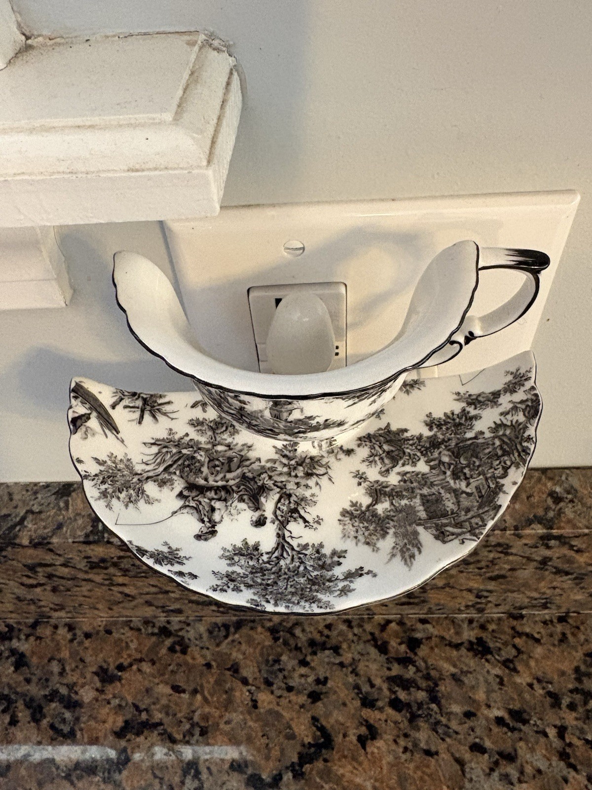 Porcelain Toile Design Teacup Night Light Black Transferware