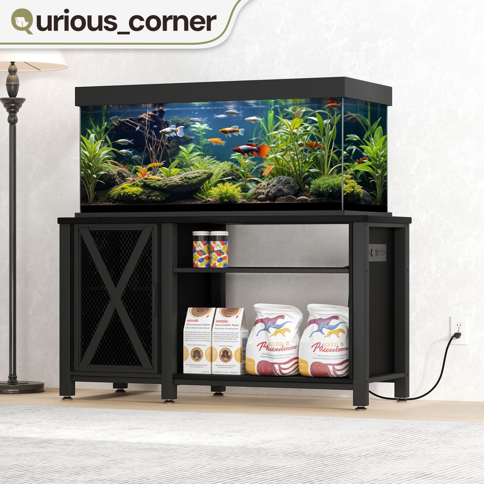 75 Gal Aquarium Stand Metal Fish Tank Wooden Cabinet w/ Storage & Charging Ports