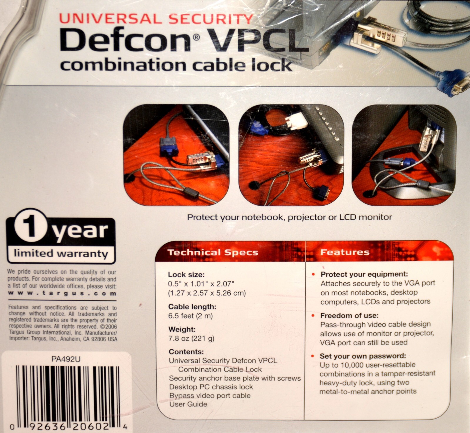 Targus Universal Security Defcon VPCL Combination Cable Lock - New