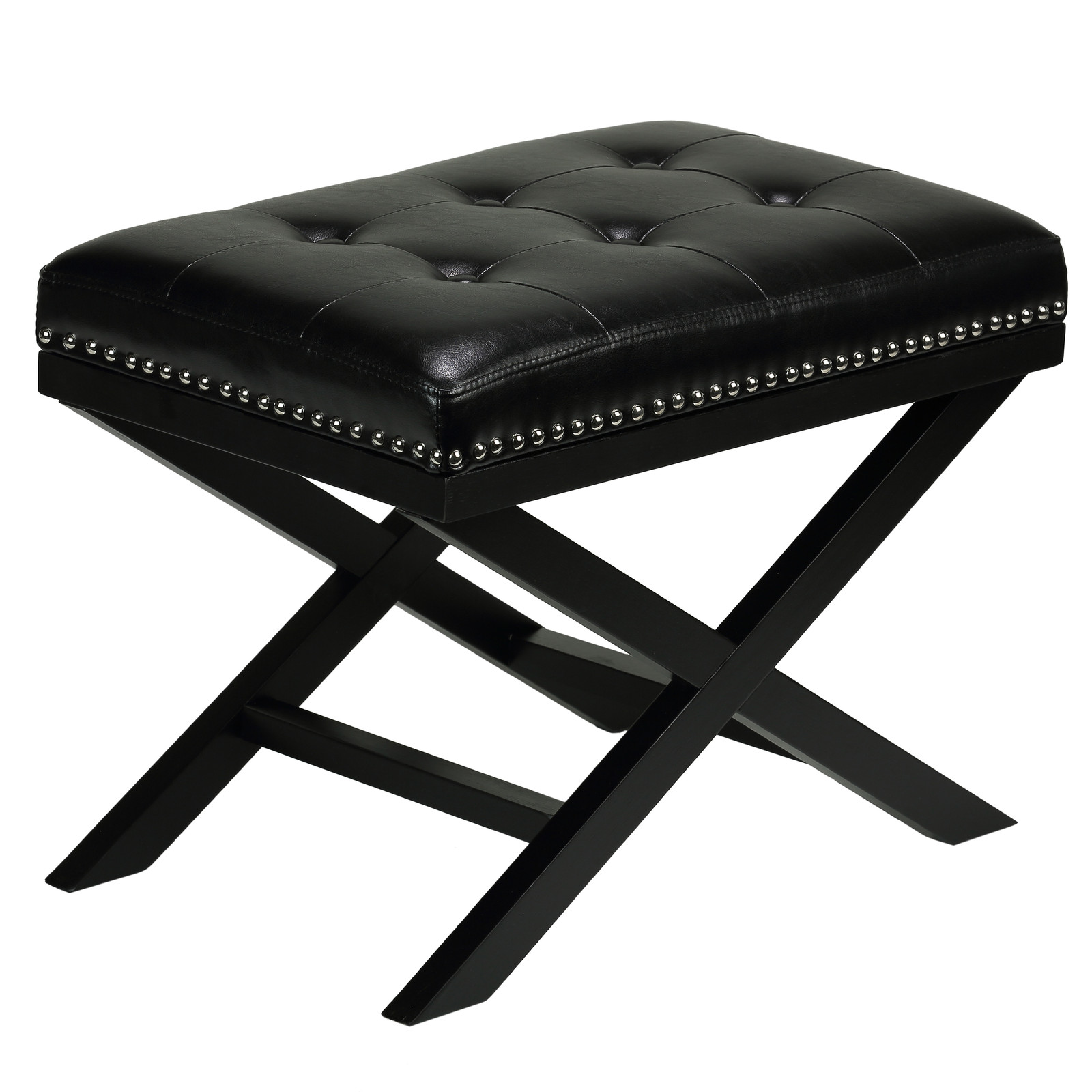 Cortesi Home X-Bench Cross Legs Ottoman in Black Vinyl, Black Wood