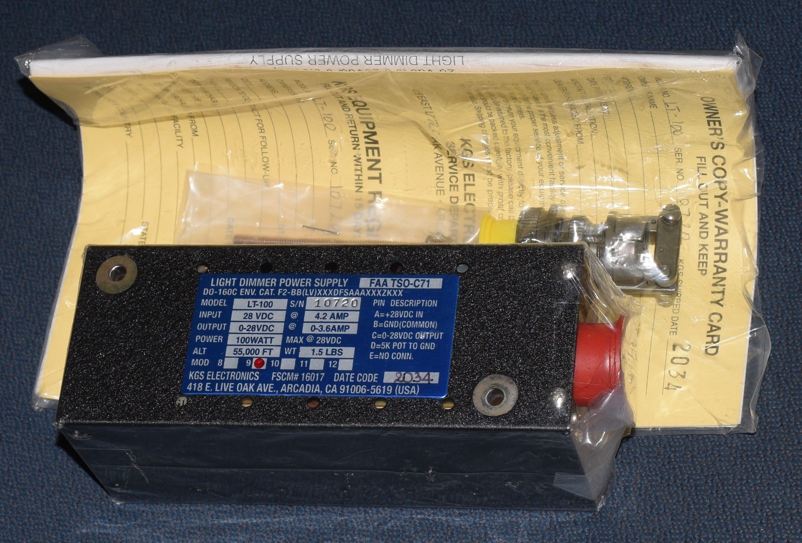 KGS ELECTRONICS LT-100 MOD 9 LIGHT DIMMER POWER SUPPLY FAA TSO-C71 DO-160C F2-BB