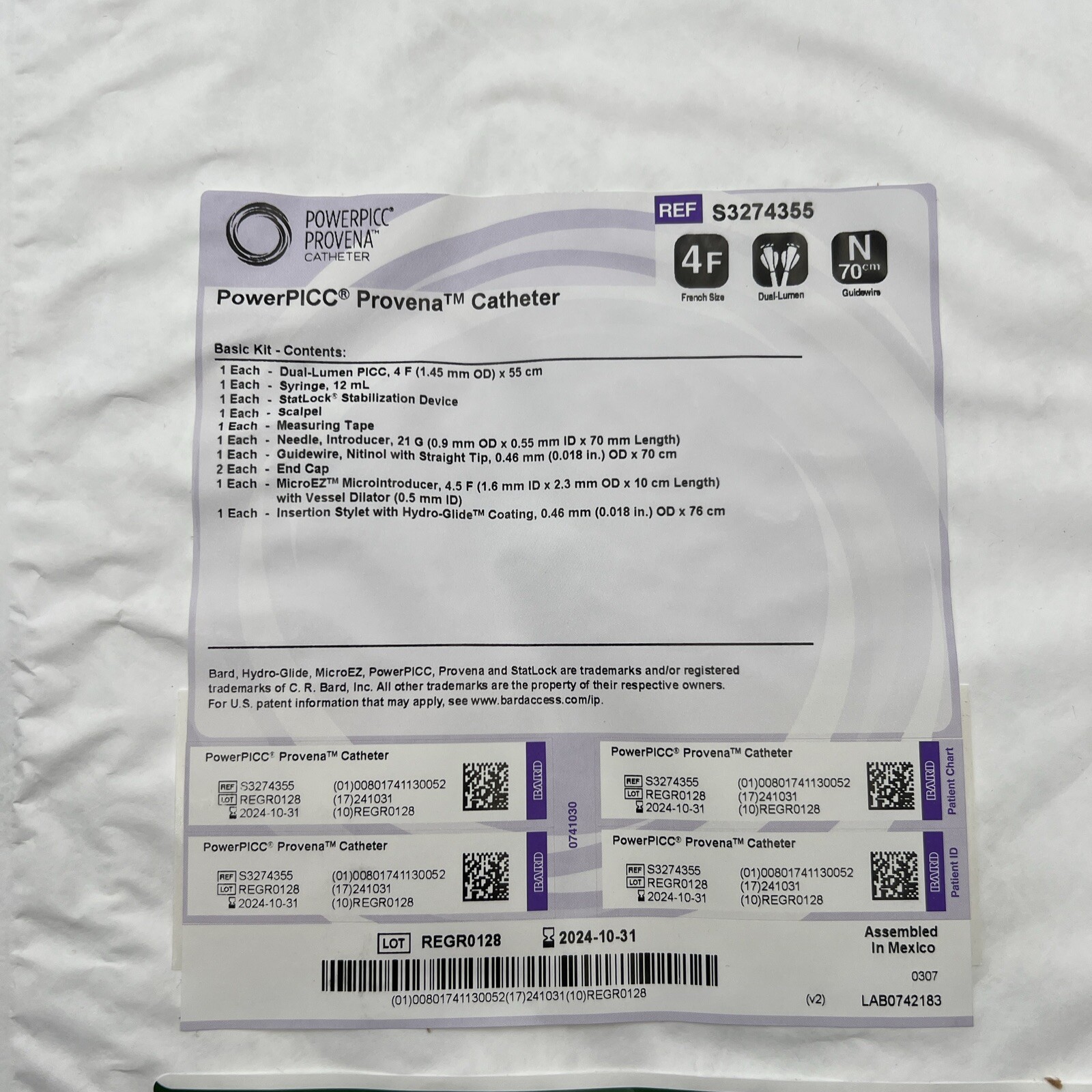 Bard PowerPICC Provena 4 French, Dual Lumen, 70 cm S3274355 *LOT of 5*