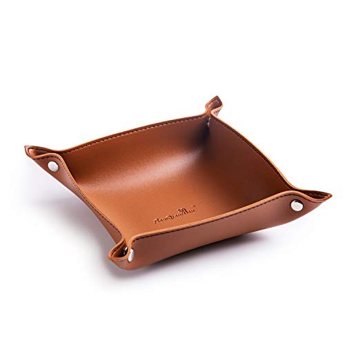 PU Leather Jewelry Valet Tray for Women and Men, 7" x 7" x 1.7" Brown-b