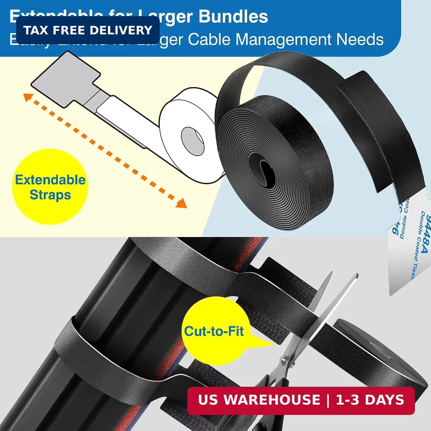 Cable Management Kit - 40 Self-Adhesive Hook & Loop Cable Ties with 2 Extension