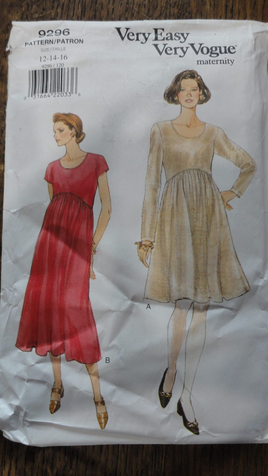 Vogue 9296 Maternity Dress Pattern 12-16 Midi to Above Knee Raised Front Waist