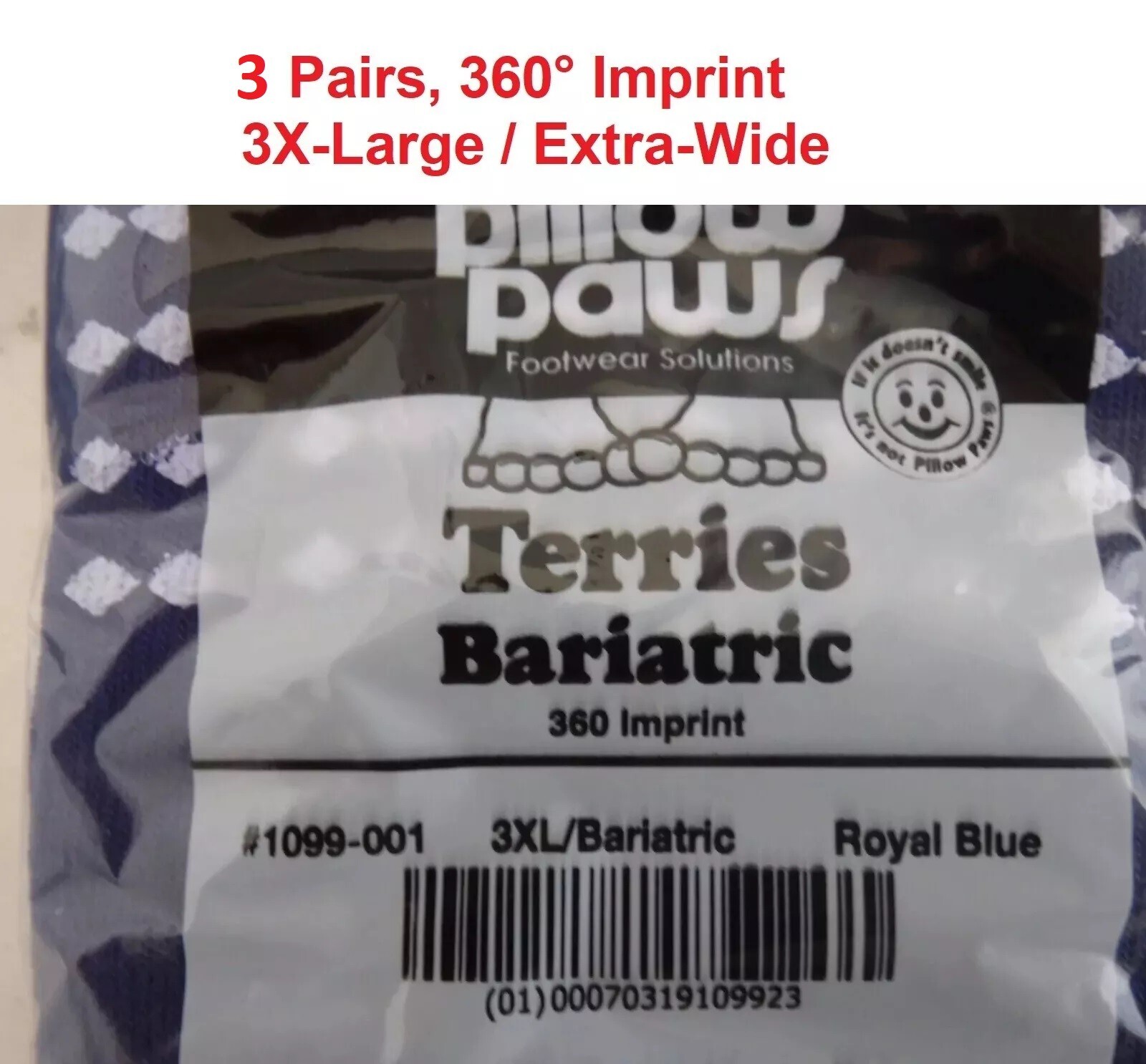 3 pairs Pillow Paws 1099-001 Terries Slipper Socks Bariatric Royal Blue 3X-Large