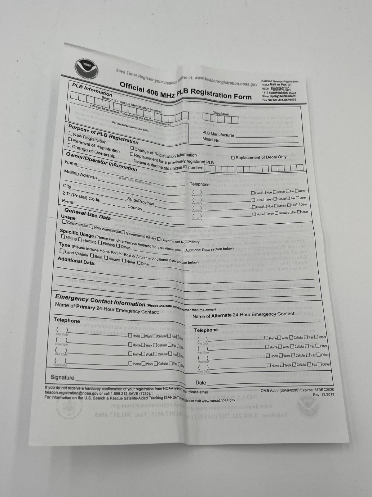 Personal Locator Beacon (PLB) Battery Expires April 2029