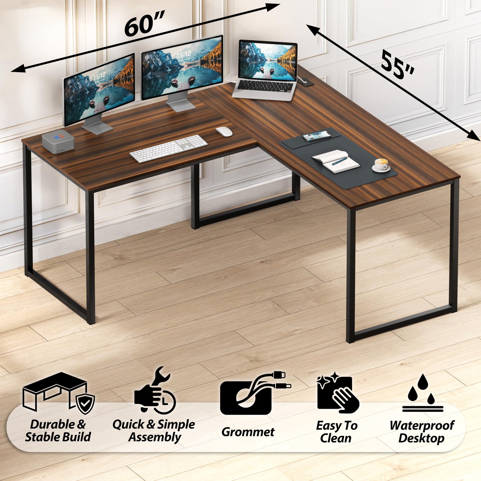 Mission 55 x 60 Inches L-Shape Home Office Computer Desk, Walnut
