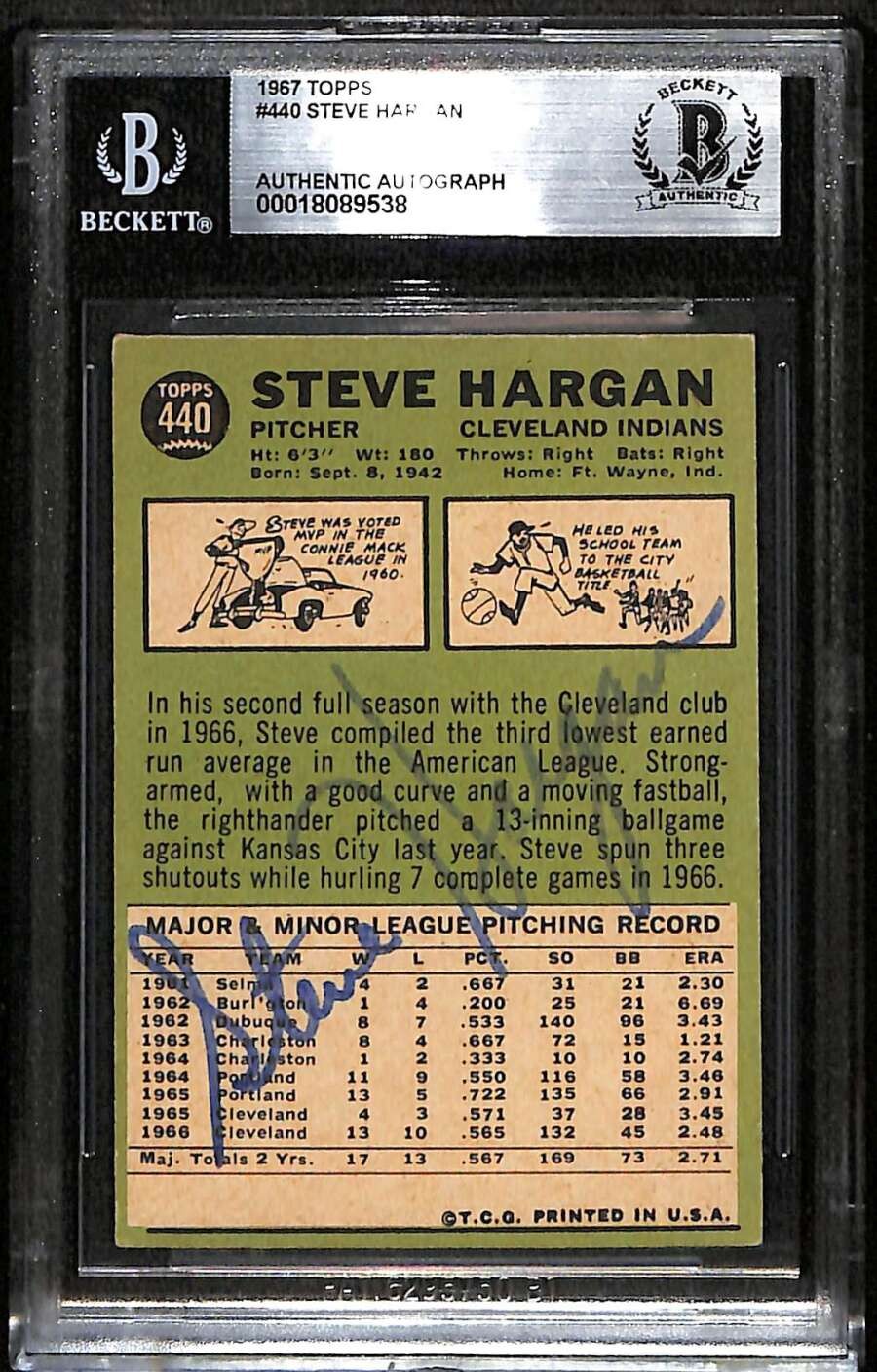 1967 Topps 440 Steve Hargan  BGS Auto Autographed BAS Authentic C100214