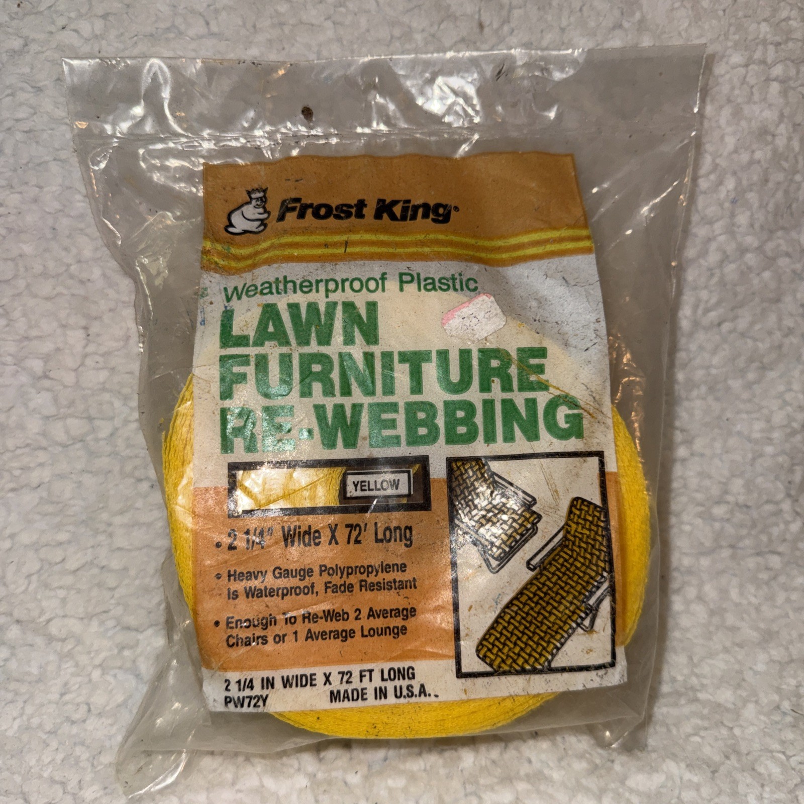 Frost King Lawn Chair Re-Webbing KIT Waterproof Plastic 2.25" 72 Ft Yellow NOS