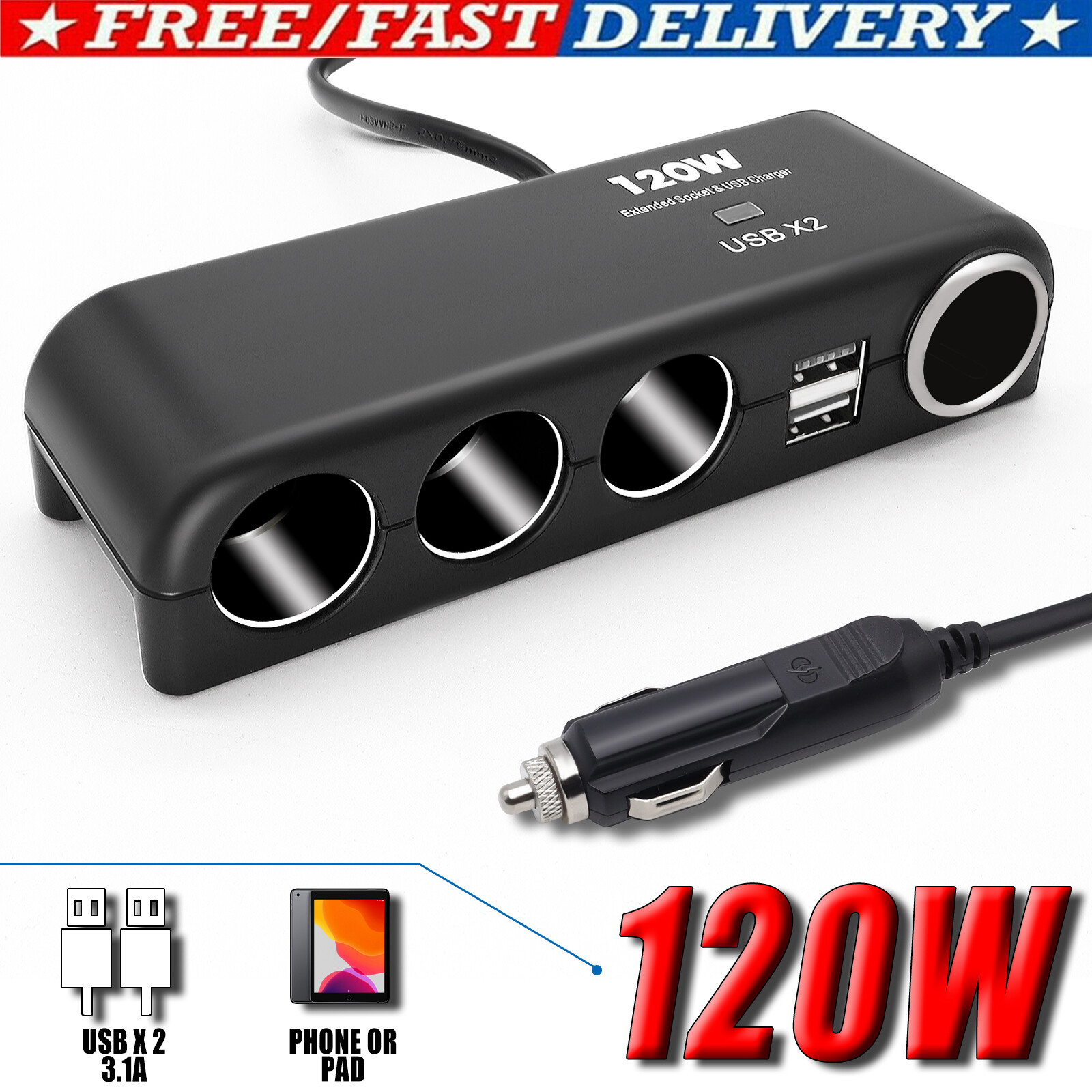 4Way Multi Car Cigarette Lighter Socket Extension Splitter USB Charger 120W  12V