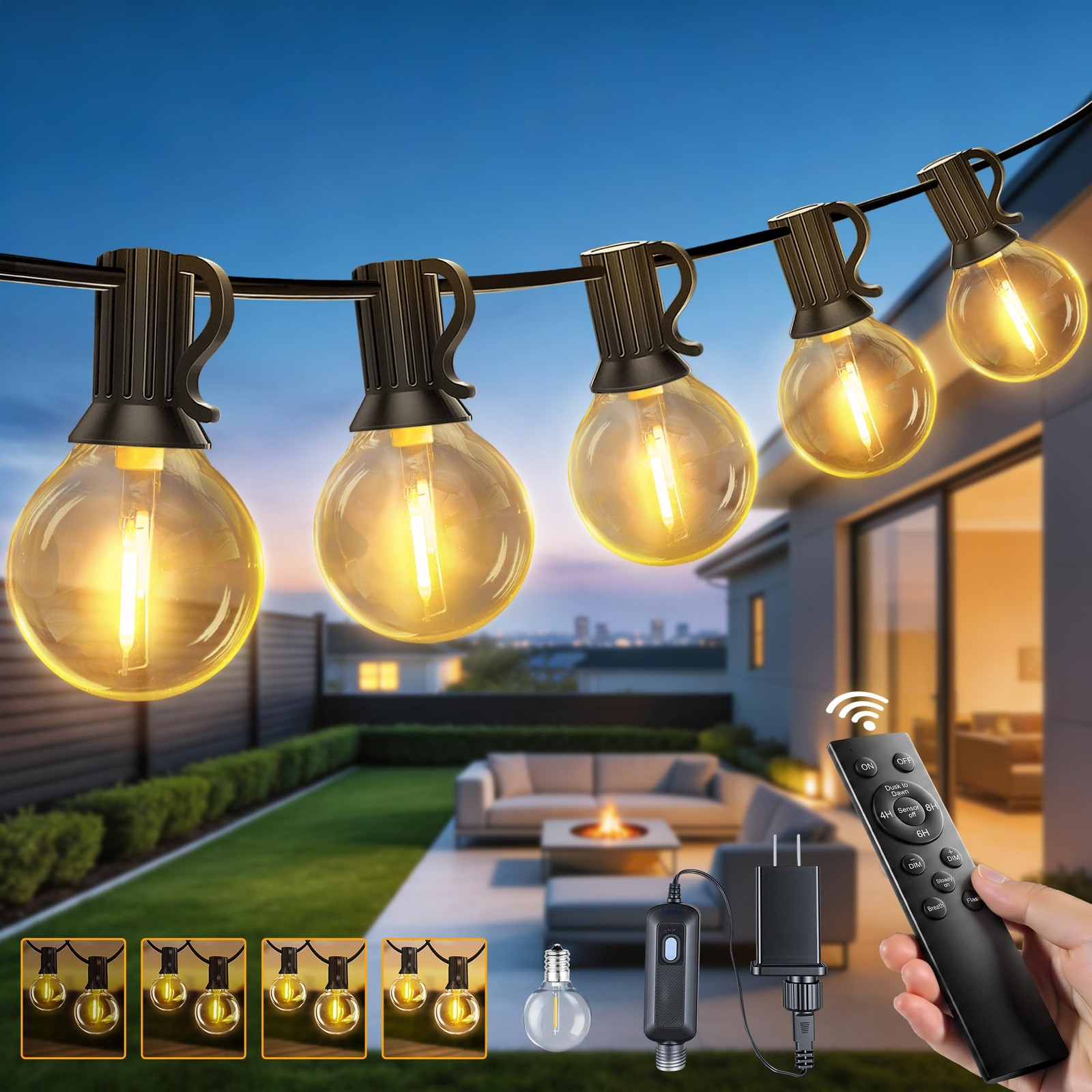 30FT Outdoor String Lights with Remote, Waterproof Connectable Dimmable G40 P...