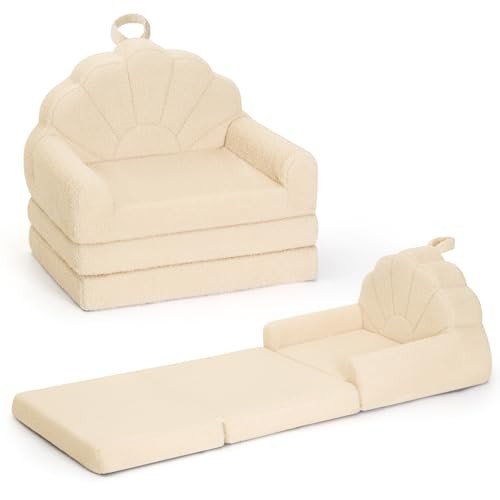 Toddler Chair and Couch for Kids, 2-in-1 Soft Couches that Fold Out for Beige