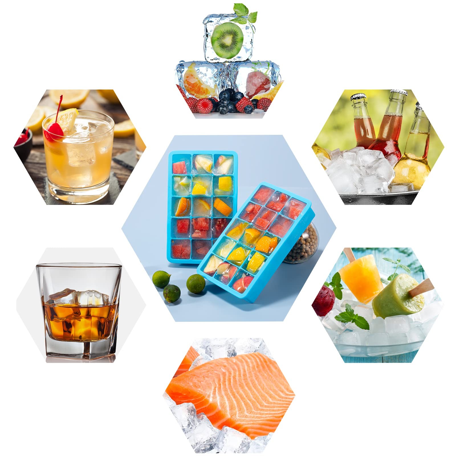 2 Pack Ice Cube Trays, ZDPMK Silicone Easy Release Flexible Molds 2 Set, Blue
