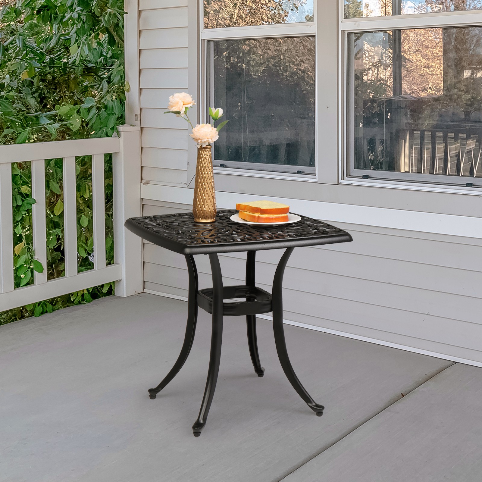 Patio Side Square Table Cast Aluminum with Umbrella Hole Coffee Bar End Table