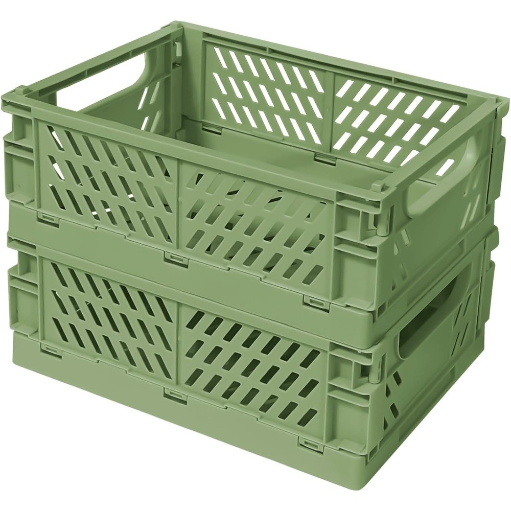 Foldable Plastic Storage Bins 2-Pack Pastel Green Crates Organizing Baskets for