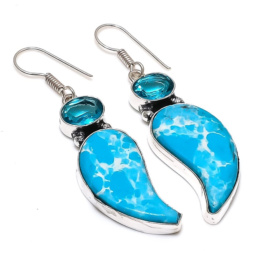 Natural Larimar Blue Topaz 925 Sterling Silver Earrings 2.17" Gemstone b121
