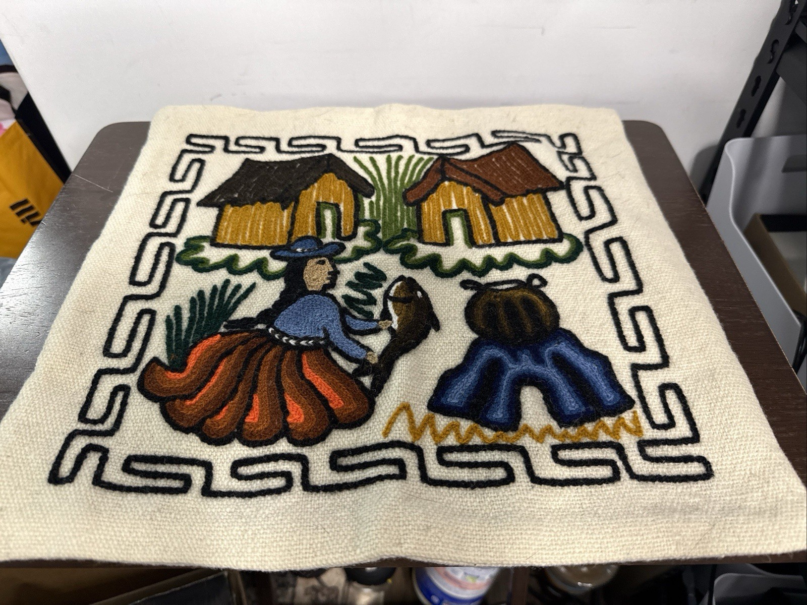 Peruvian Embroidered Preowned Pillow Cushion Cover Folk Art South America 15x14”
