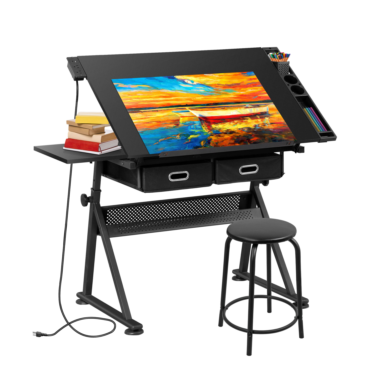 Adjustable Height Drafting Drawing Table Tiltable Tabletop Edge Stopper Black