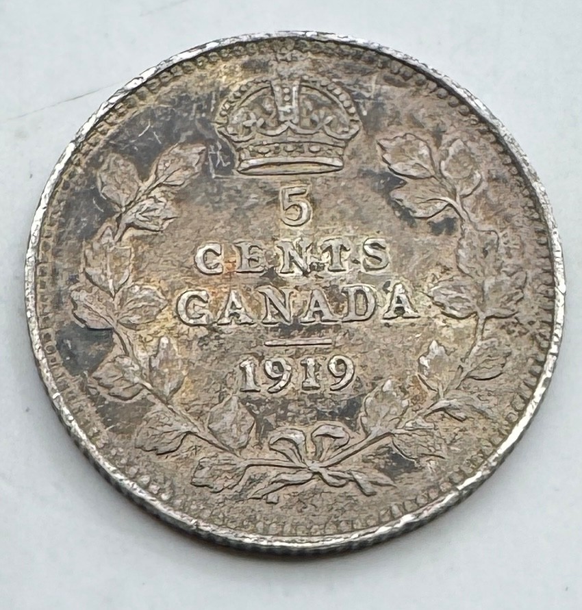 1919 Canada Silver (.925) 5 Cents - Canadian Coin - Free Shipping