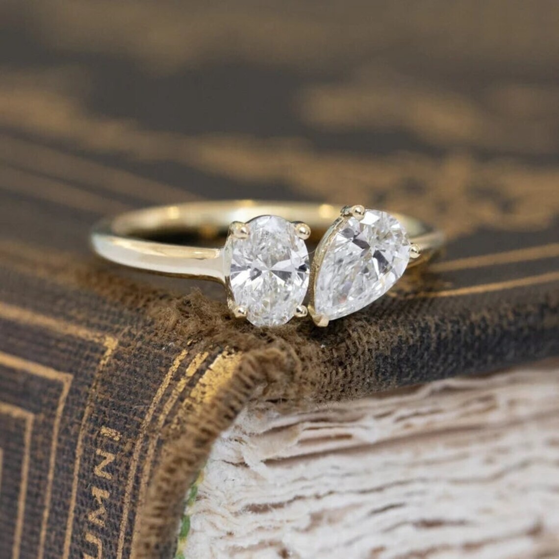 2.20 Ct Pear & Oval Cut Diamond Lab-Created Engagement Ring 14K Yellow Gold FN
