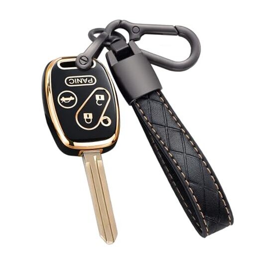 Key Fob Cover for Honda with Leather Keychain, Premium TPU Key 4 Buttons Black