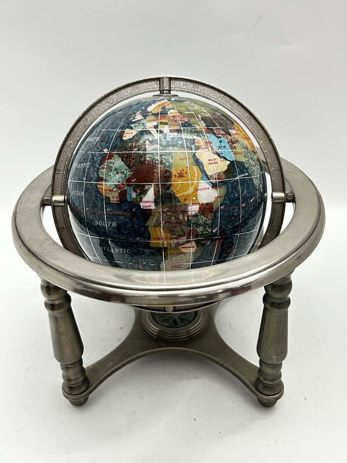 Blue Table Top Gemstone World Globe Silver Tripod
