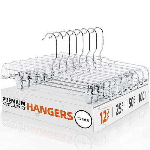 12 Pack 14 inch Clear Plastic Skirt Hangers with Adjustable Clips, Pants 12PC