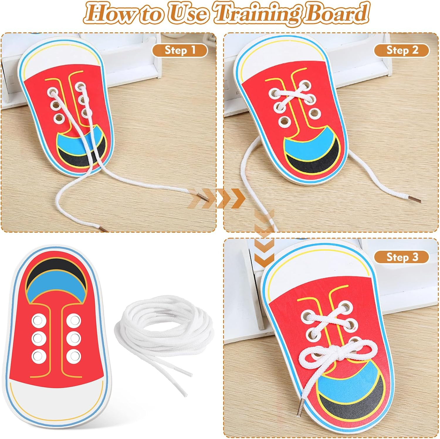 Wooden Red Shoe Tying Practice for Kids, How to Tie Your Shoes for Kids Threadin