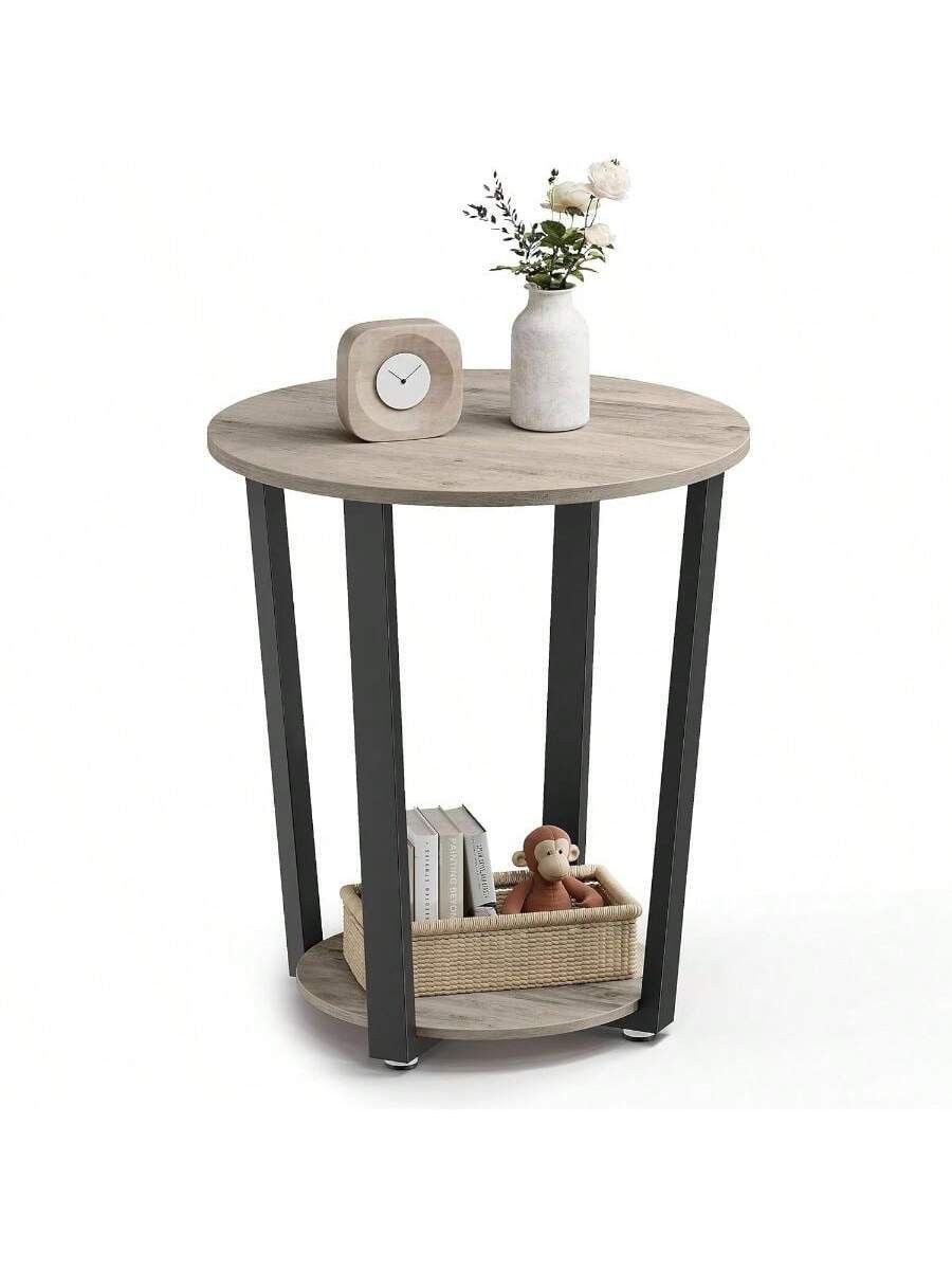 VASAGLE Round End Table w/ Storage Shelf Easy Assembly Industrial Steel Frame