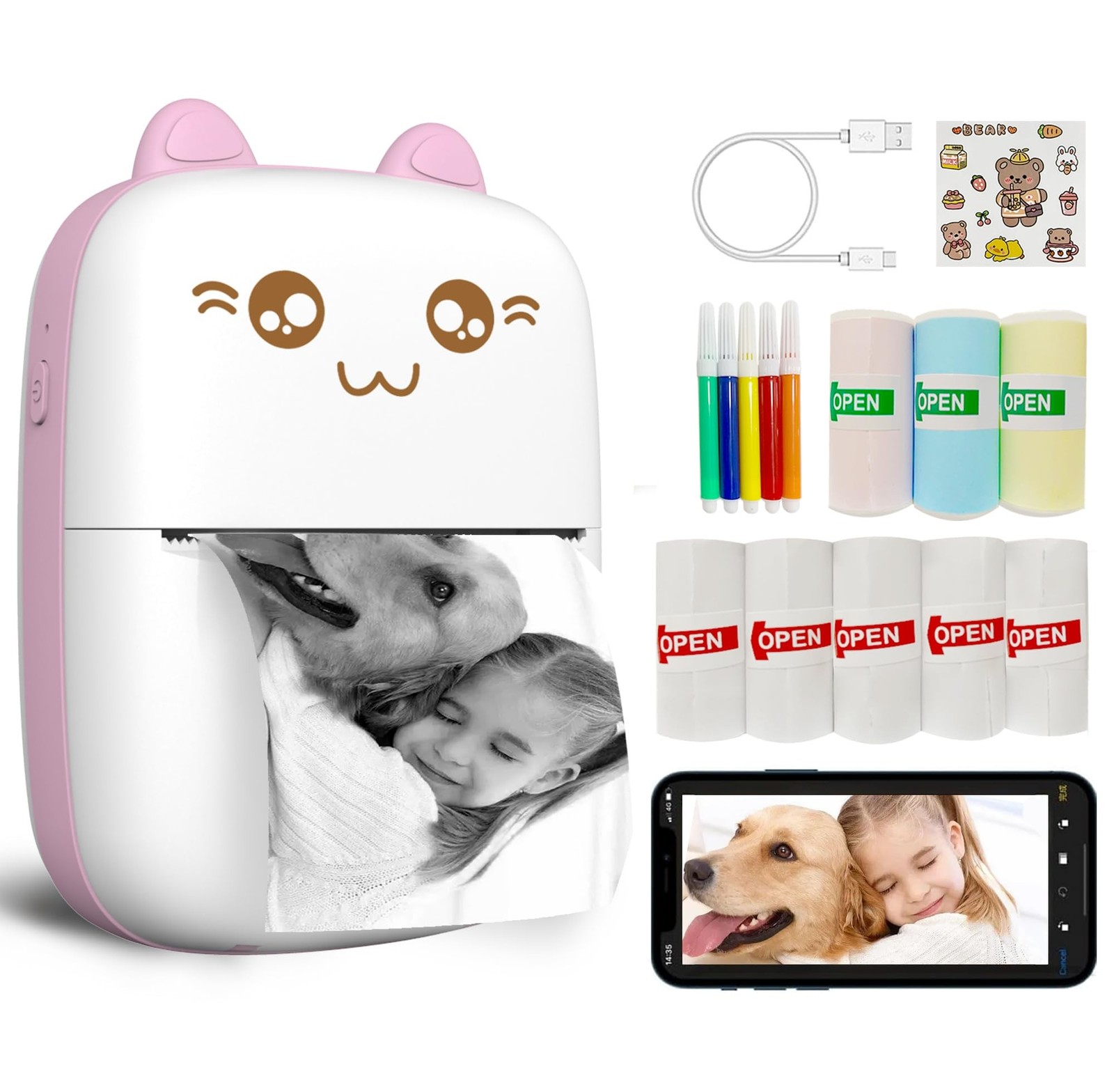 Mini Printer Portable, Inkless Sticker printer with 8 Rolls Paper, Bluetooth ...