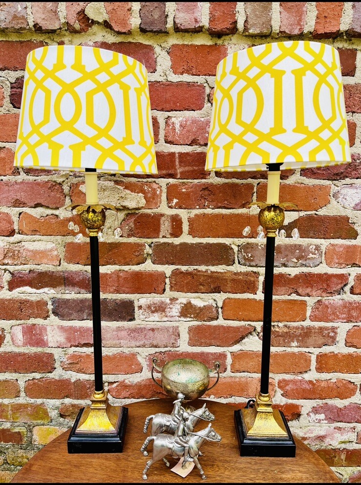 Pair 29 ‘ Buffet lamps Gold Brushed bases Bead fronts Yellowed Patterned Shades