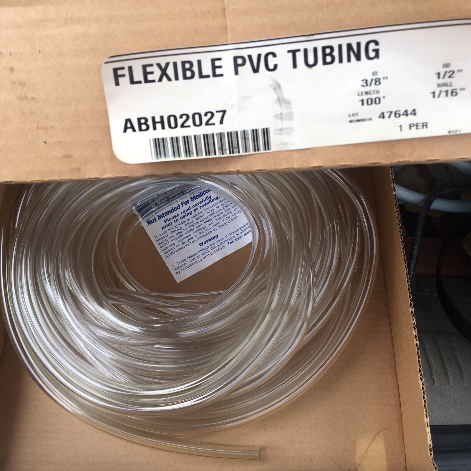 Norton Flexible Vinyl Tubing, Clear, 1/2" OD, 3/8" ID 100' Length 1/16” Wall Pex