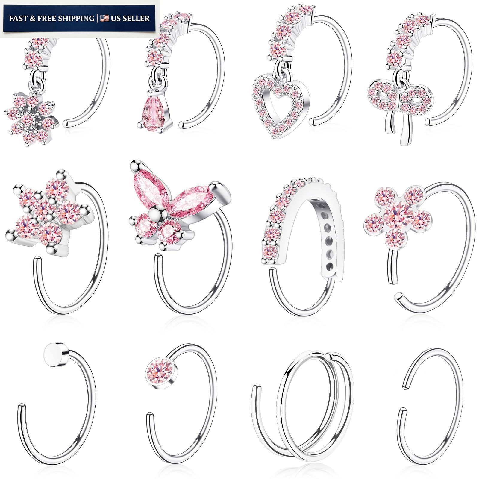 BSJ4U Hoop Nose Rings for Women Piercings 20G Silver Pink
