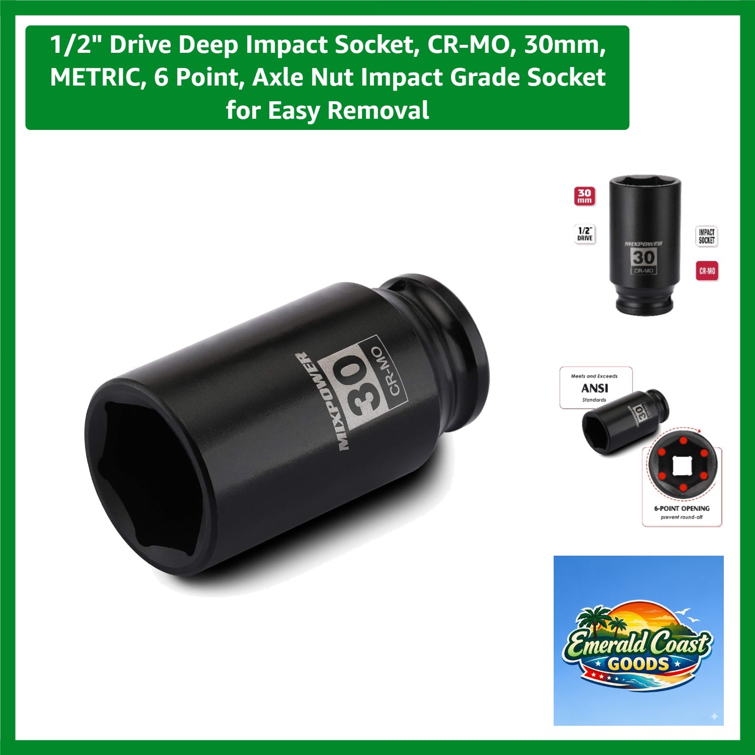 1/2" Drive Deep Impact Socket, CR-MO, 30mm, METRIC, 6 Point, Axle Nut Impact ...