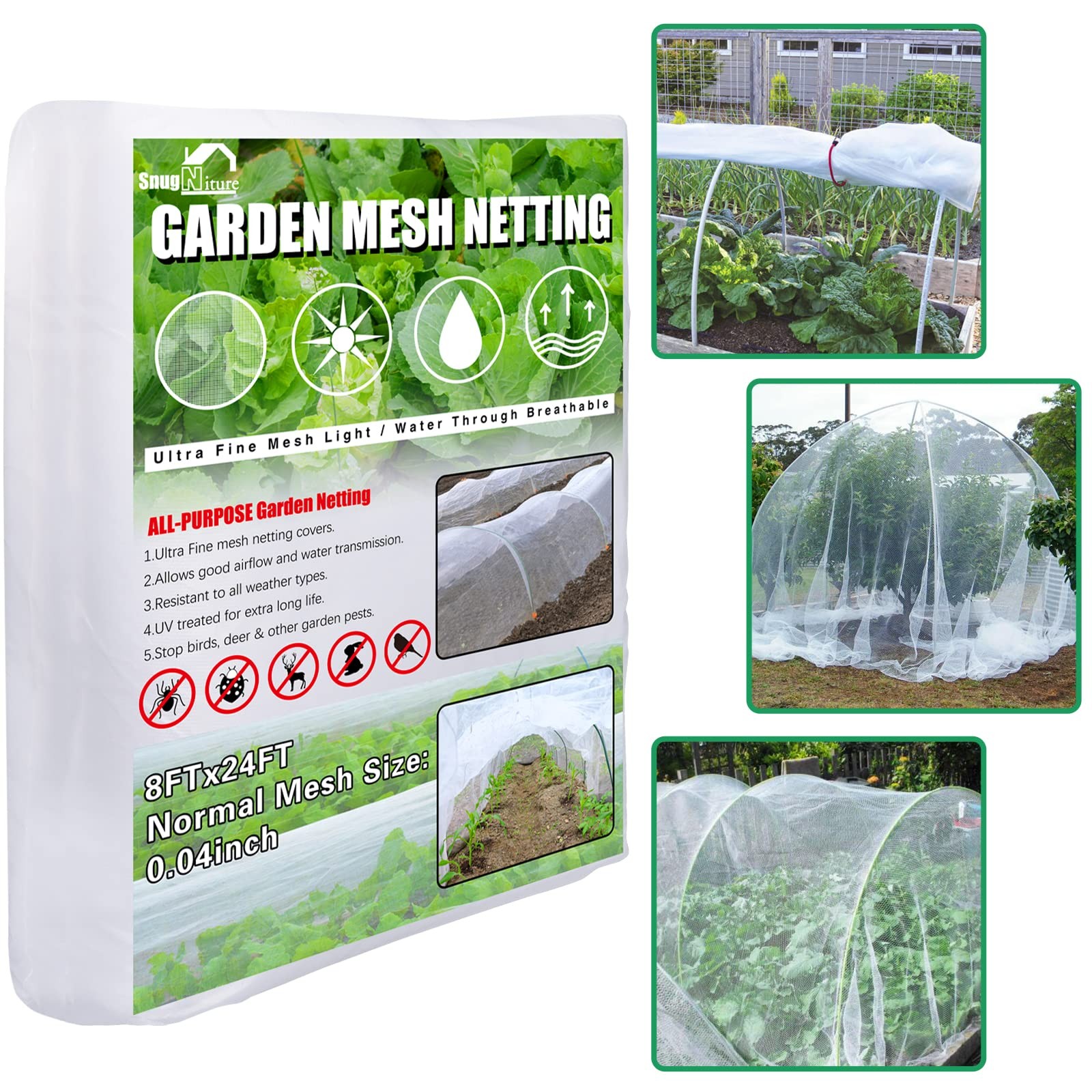 SnugNiture Garden Netting 8x24FT Ultra Fine Mesh Mosquito 8X24FT, White