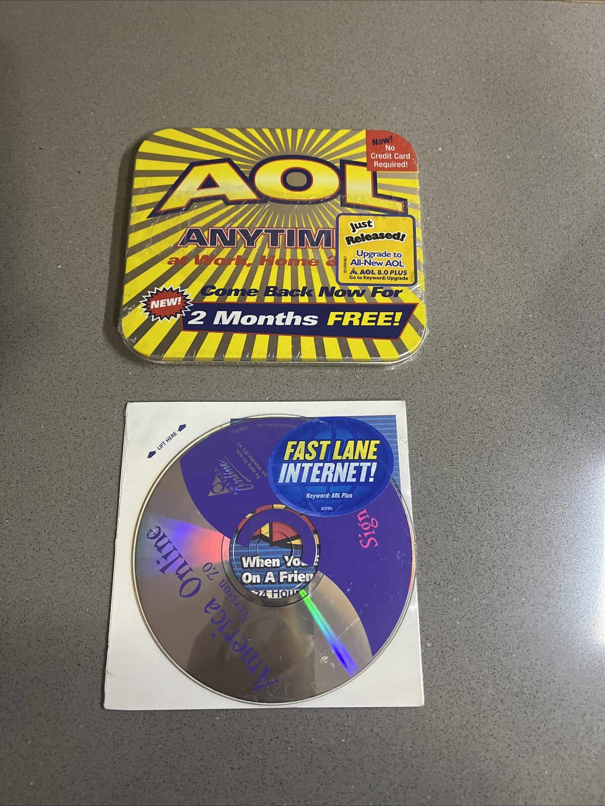 2 America Online Installation Disc Vintage AOL CD New AOL 7.0 Sleeve & 8.0 Tin