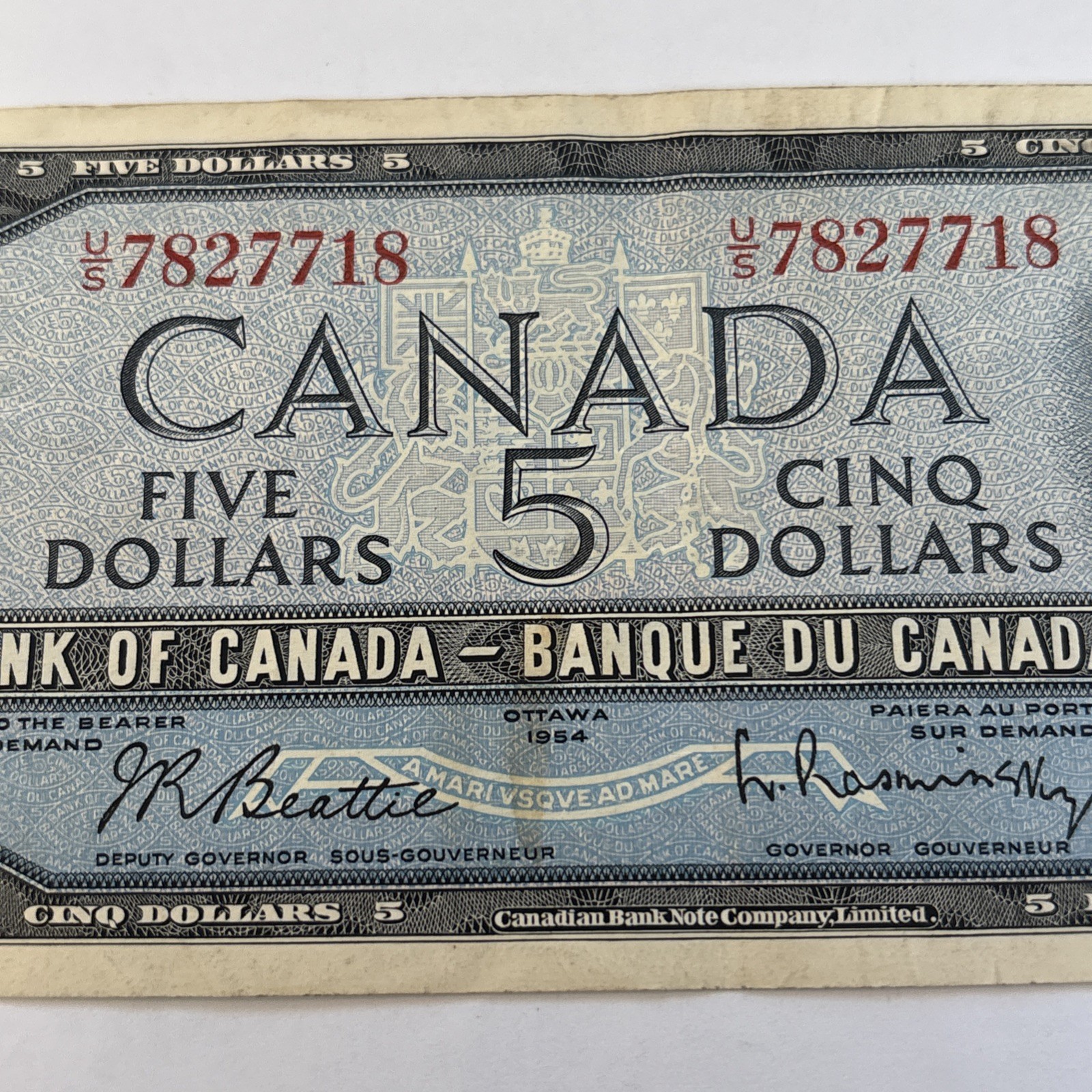 Canada 1954 $5 Five Dollar U/S Serial - Crisp